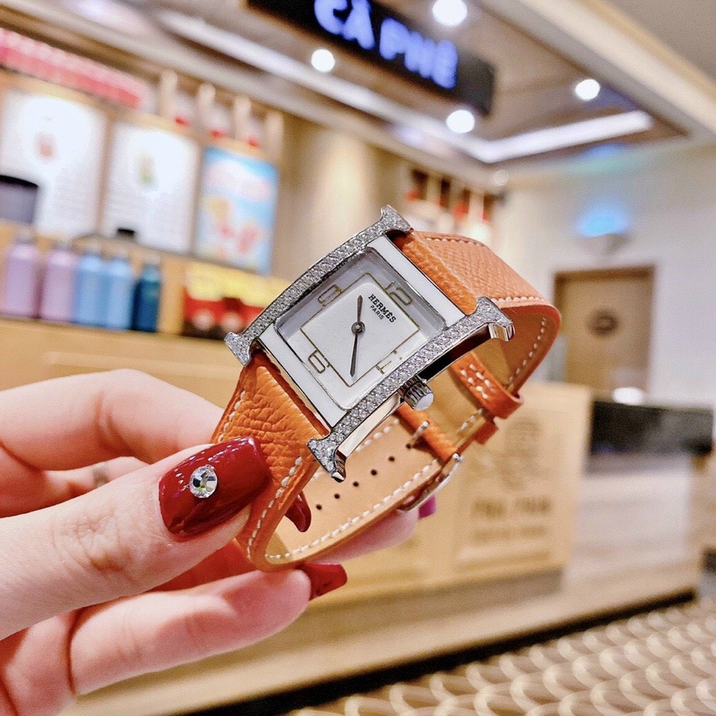 Đồng hồ Hermes Heure H Double Jeu nữ dây da - Viền Ceramic Mặt Đính Đá - Size 26x32mm hermes