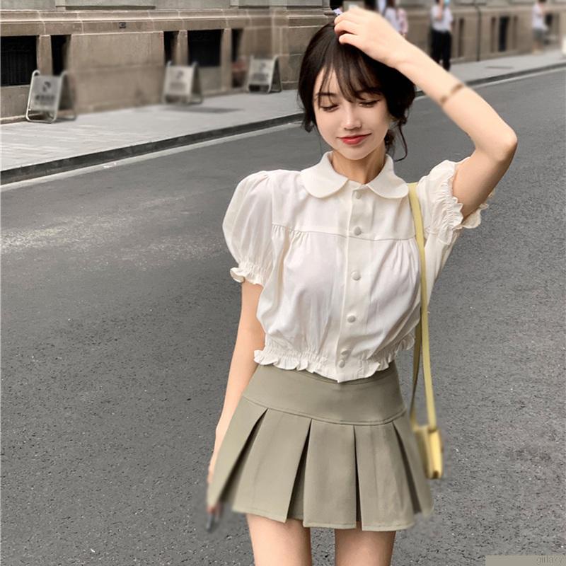 Áo sơ mi croptop tay phồng cổ búp bê màu sắc đơn giản thời trang theo phong cách hàn quốc cho nữ