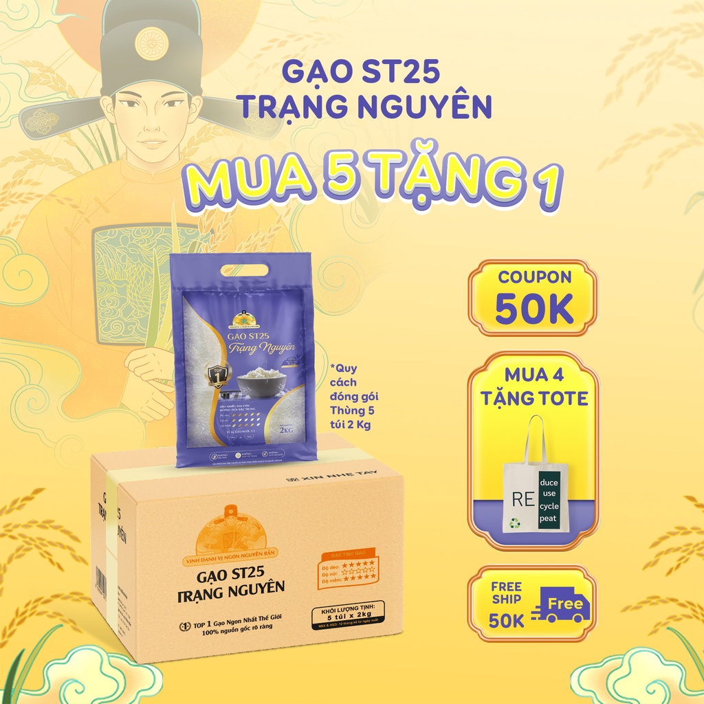 Gạo Đặc Sản ST25 Trạng Nguyên – Dẻo nhiều, dai cơm, thơm dứa - Chuẩn HACCP, VietGAP - Túi 2kg