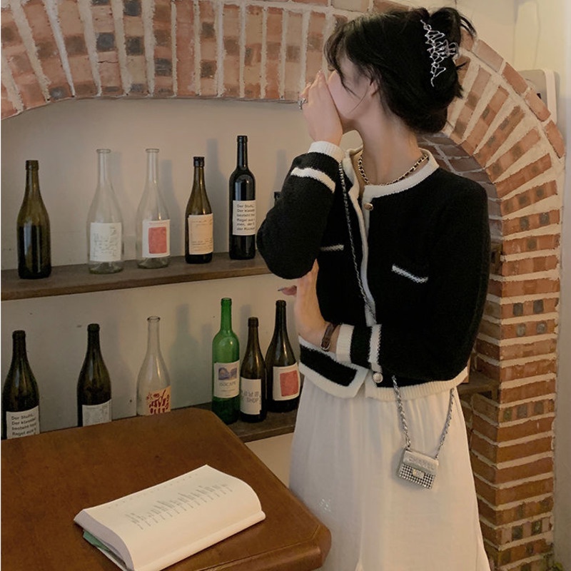 Áo Cardigan Dệt Kim Tay Dài Màu Tương Phản Thời Trang Mùa Thu Mới