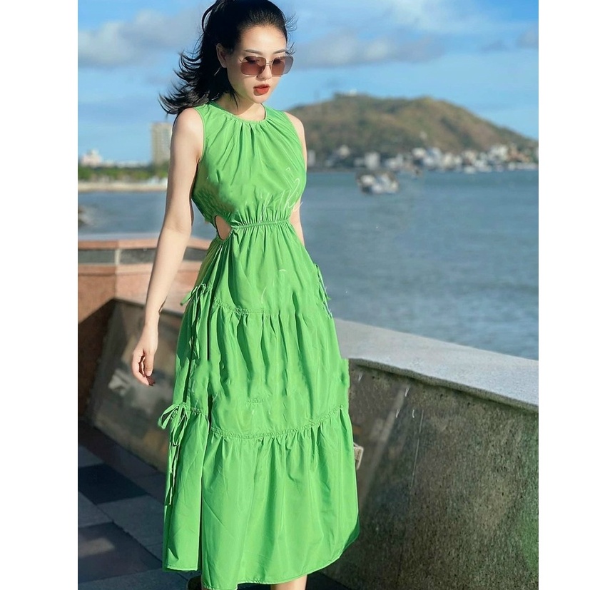 Đầm Maxi Cổ Yếm,váy Xanh Cốm Dáng Xòe Thiết Kế Phân Tầng Dự Tiệc Đi Biển Sang Chảnh Thời Trang Xm Minh Phúc