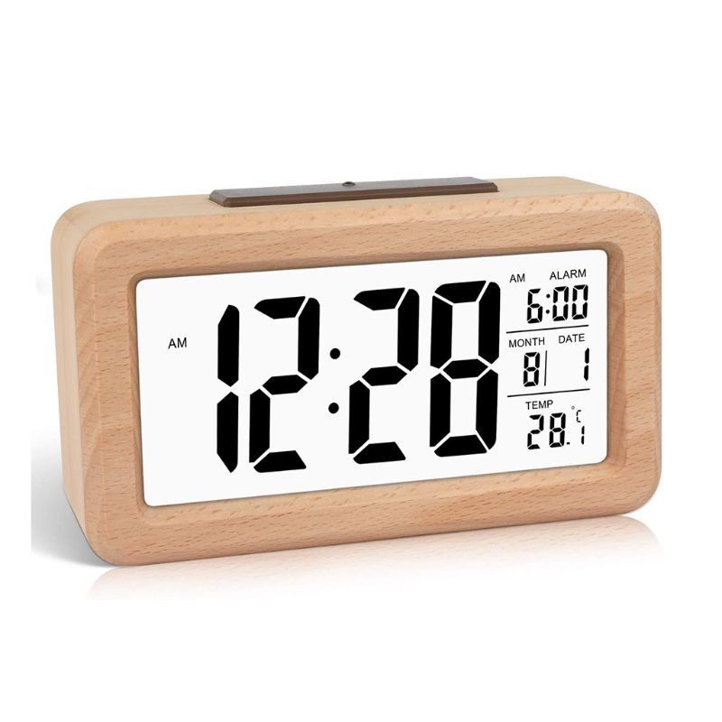 JOY Wooden Digital Alarm Clock with Temperature, Date, Backlight，Snooze,Non Ticking