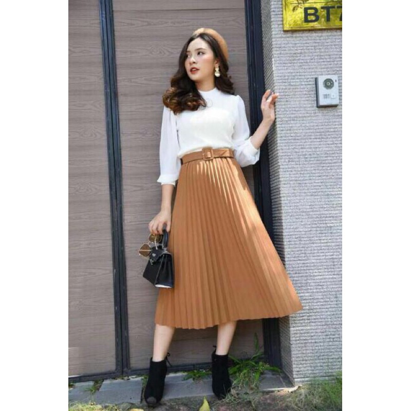 Chân váy xếp li dáng dài kèm đai có nhiều màu,video,ảnh thật