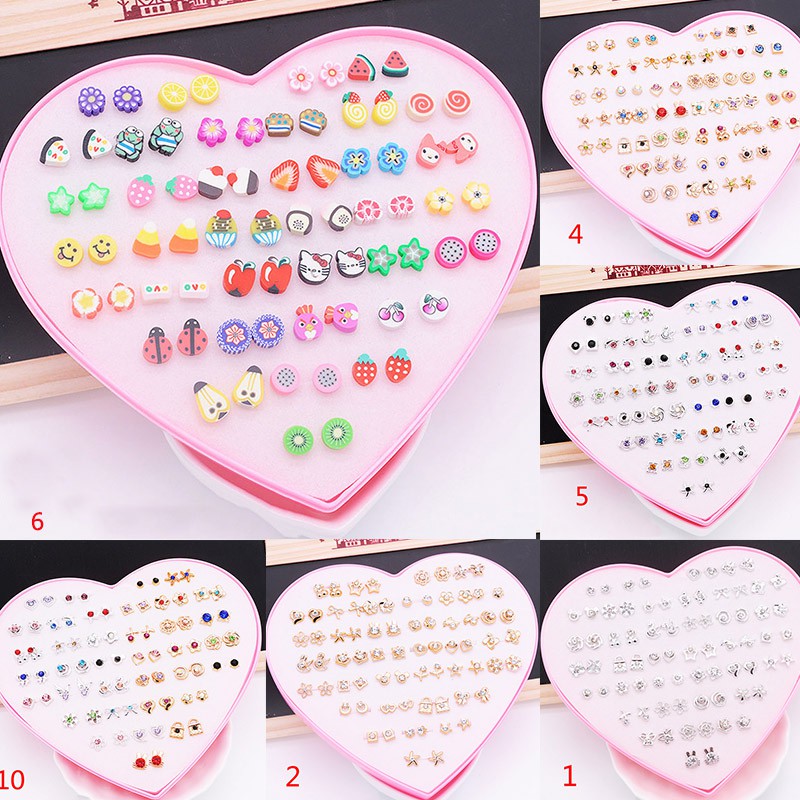 Bộ 36 đôi khuyên tai nhựa đính pha lê thiết kế đơn giản dễ thương kèm hộp hình trái tim cho bé gái