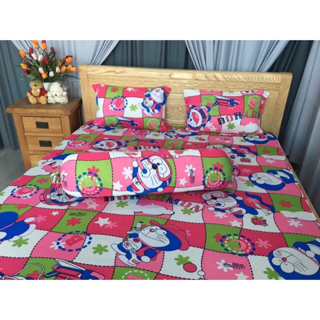 Bộ drap thun❤️FREESHIP❤️ga thun lạnh- drap thun Hàn Quốc mẫu  Doraemon đội mũ( 1 ga, 3 áo gối)