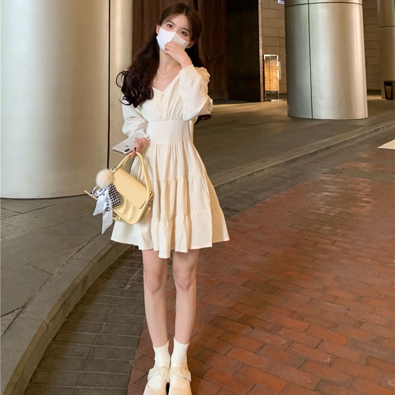 Đầm Tay Dài Cổ Chữ V Thiết Kế Mới Thời Trang Theo Phong Cách Pháp