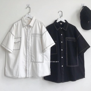 Áo sơ mi cộc tay viền chỉ
