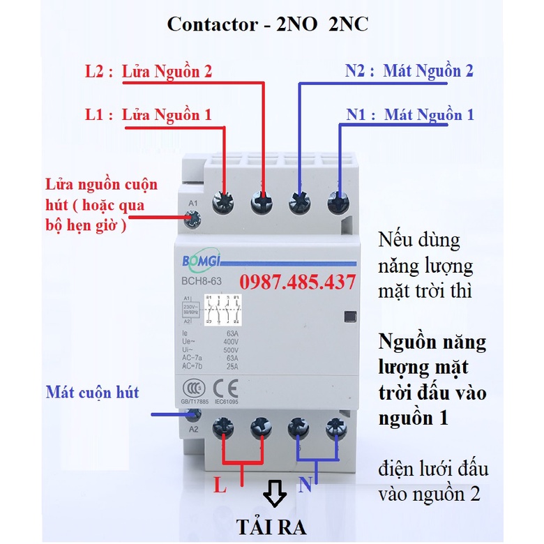 Contactor 100A 2NO 2NC Dùng làm chuyển nguồn không gián đoạn 2 công tơ 2P 63A, 100A
