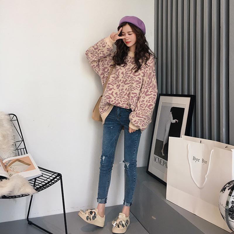Thời Trang Thu Đông - Áo Len Nữ Hoạ Tiết Da Beo Xu Hướng Giởi Trẻ Cá Tính Kiểu Áo Len Tay Dài Viền Bo 2222