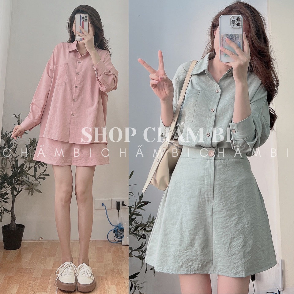 Set đồ nữ S.071, Set áo sơ mi form rộng dài tay cùng chân váy chữ A cạp chun sau cực thời trang - Thời trang nữ Chấm Bi