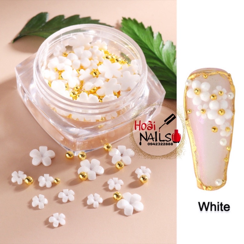 hoa nhí trắng mix bi vàng - phụ kiện nail