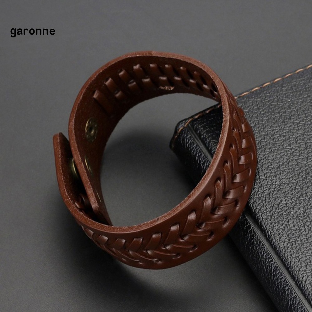 GAR Vintage Men Faux Leather Wide Braided Bracelet Cuff Button Wristband Bangle