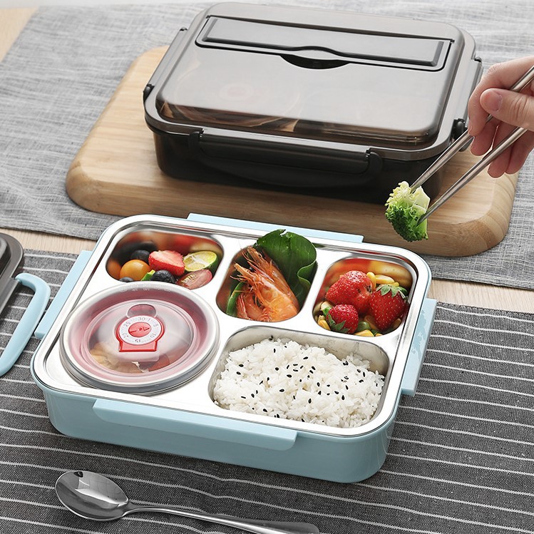 Hộp Đựng Cơm Giữ Nhiệt 5 Ngăn Inox Có Nắp Đậy Chống Tràn Tặng Kèm Cốc Đựng Canh, Đũa, Thìa