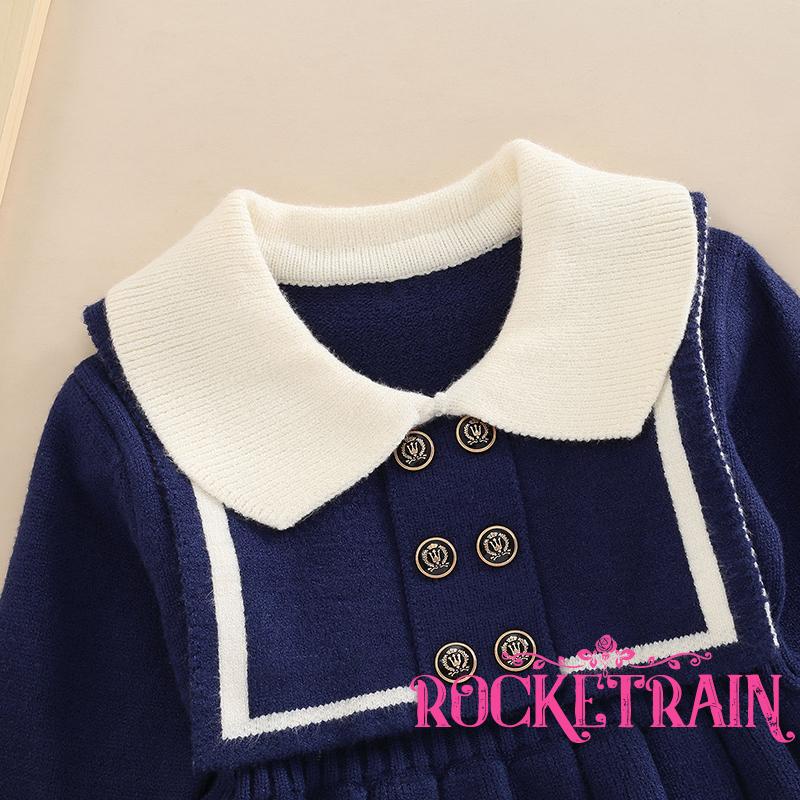 Đầm Len Dài Tay Cổ Thủy Thủ Màu Sắc Tương Phản Cho Bé Gái