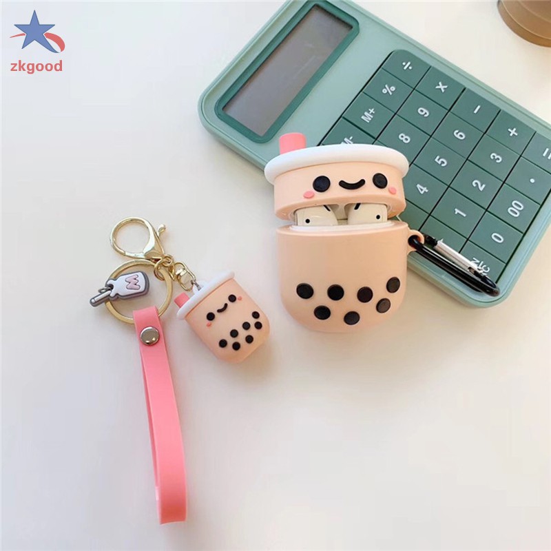 Bluetooth Headset Case Cute Cartoon Boba Tea with Keychain Silicone Dust-Proof Case For Airpods 1/2