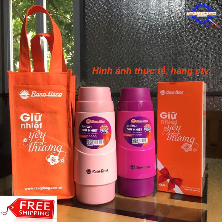 Phích nước cầm tay tiện dụng 0,45L, Bình ủ cháo 0,85L, Rạng Đông chính hãng, bình giữ nhiệt-Tặng túi mang siêu đẹp