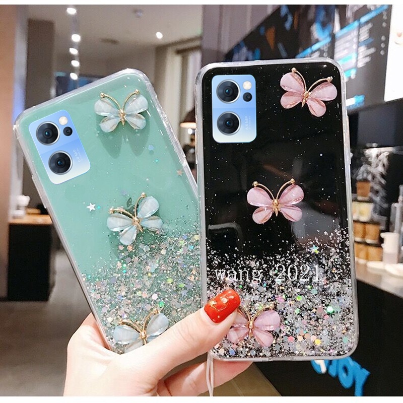Ốp Điện Thoại Dẻo Trong Suốt Họa Tiết Bươm Bướm Nhiều Màu Kèm Dây Đeo Cho OPPO Reno7 Pro Reno6 Z 6 Pro 5G