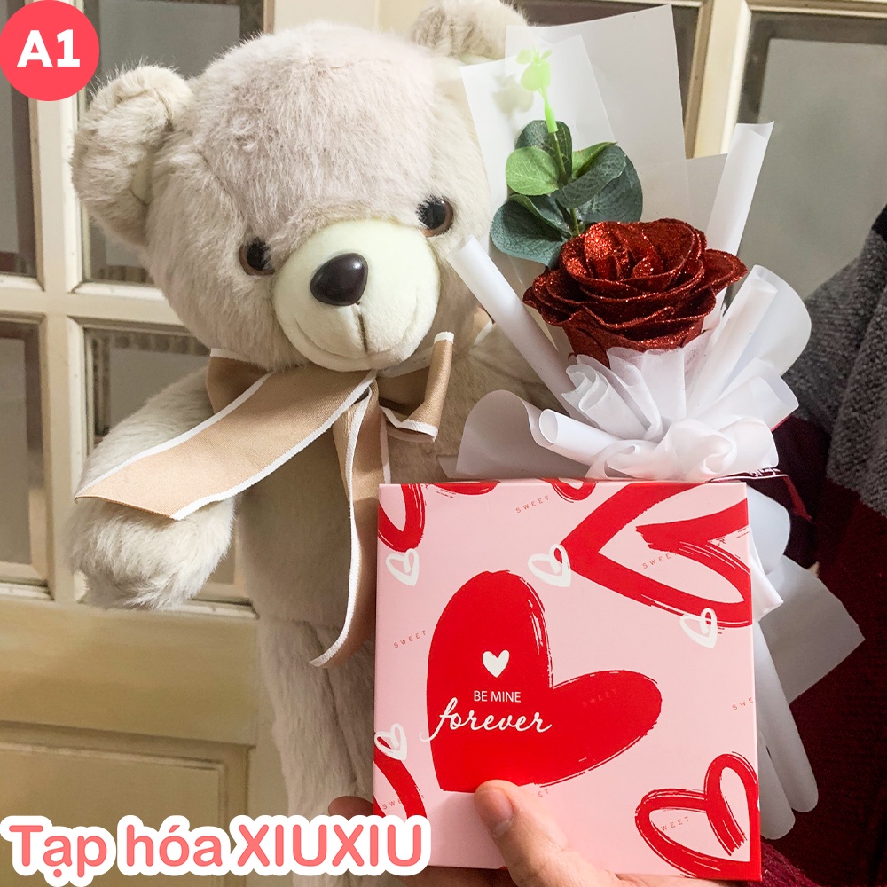 Set Quà Tặng Gấu Cute, Socola và Hoa Sáp, Tặng Kèm Thiệp, Túi, Combo Quà Tặng Valentine, 8/3, Sinh Nhật Bạn Gái