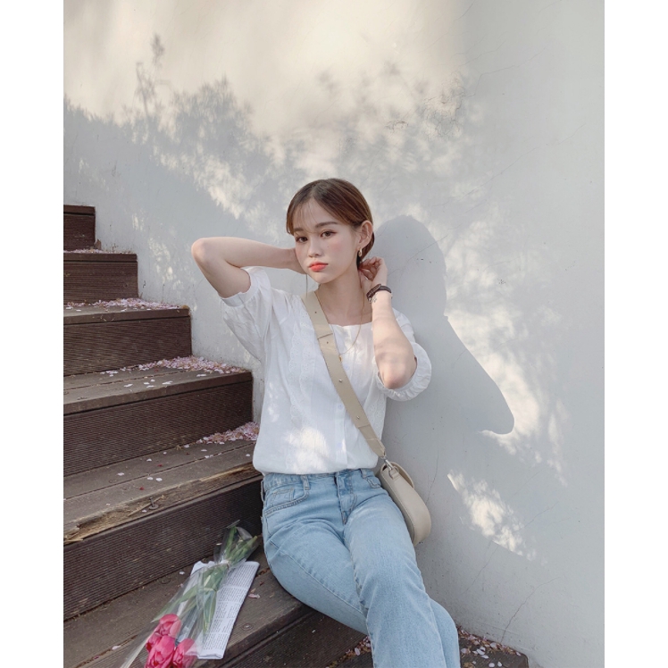 SUXI Áo sơ mi tay ngắn họa tiết thêu theo phong cách Hàn Quốc