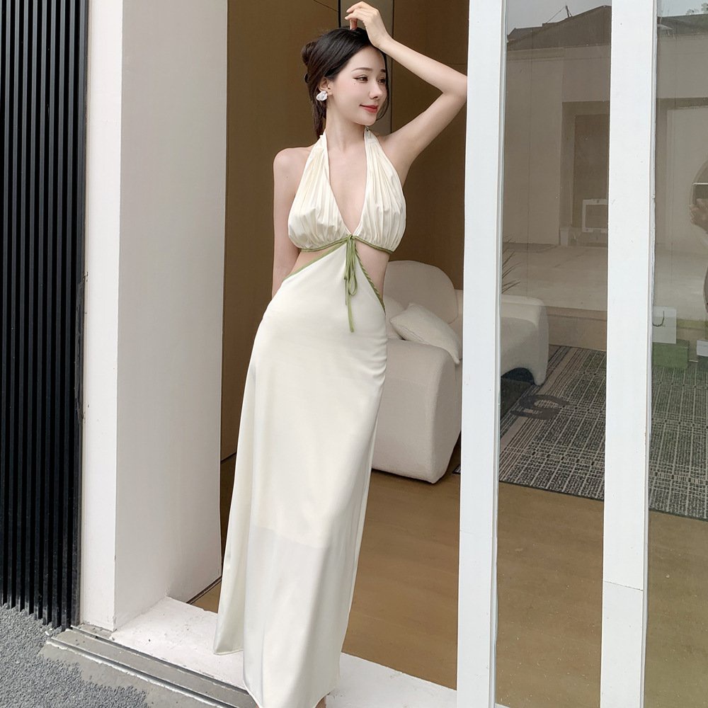 Váy LUHAZO Maxi đi biển sexy body dự tiệc  dáng dài xòe hở lưng cổ yếm Hàn Quốc sang chảnh thời Trang 1949 DK1T