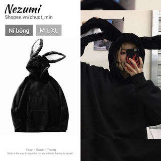 (Sẵn Đen, Nâu) Áo hoodie nỉ bông tai thỏ dài siêu to khổng lồ chữ ngực thêu mũ lông unisex nam nữ