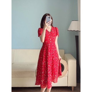 Váy thiết kế hoa đỏ cổ V