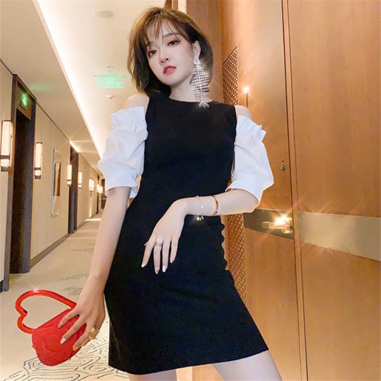 Đầm Nữ Khoét Vai Phối Màu Đen Trắng, Váy Nữ Dáng Ngắn ôm body sang chảnh tôn dáng  Hàn Quốc | BigBuy360 - bigbuy360.vn