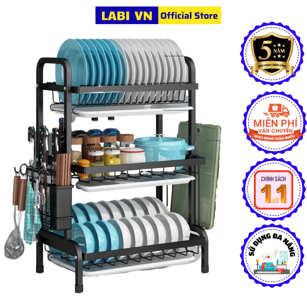 Kệ úp chén bát, giá để đồ nhà bếp đa năng sơn tĩnh điện cao cấp có khay hứng nước LABI VN LB067
