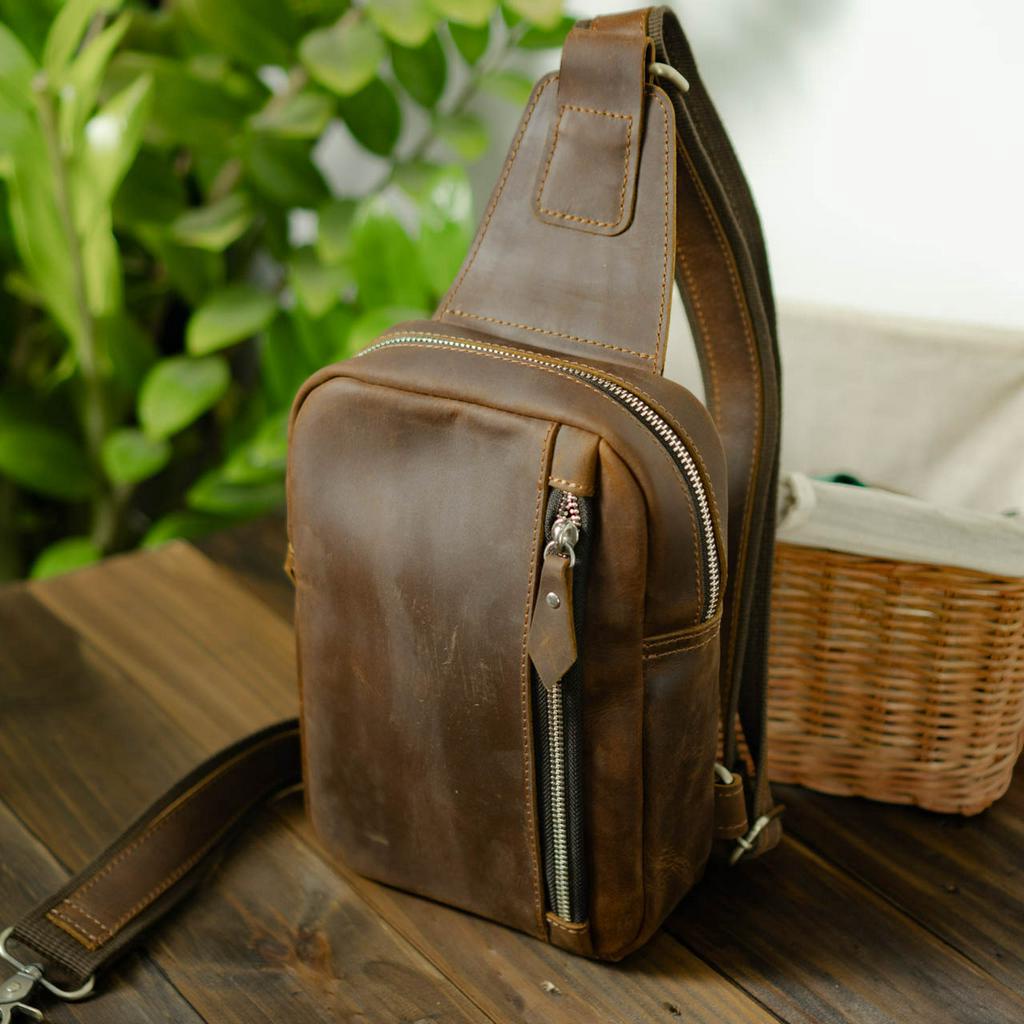 Túi đeo chéo da bò thật, da bò sáp ngựa điên BASIC nâu | Bảo hành 2 năm