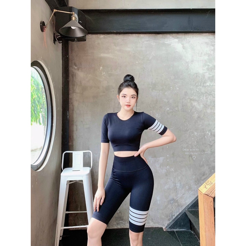 Set bộ đồ tập gym yoga nữ dệt kim áo crop ngắn tay, quần đùi ngố chun mông cao cấp Bin Sports BL023