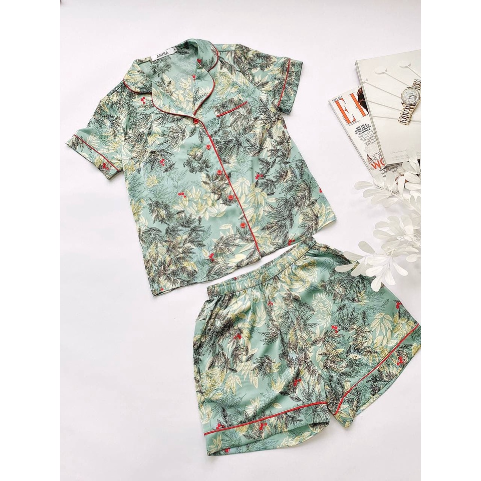 Bộ ngủ chất lụa satin Nhật cao cấp họa tiết lá mát mẻ
