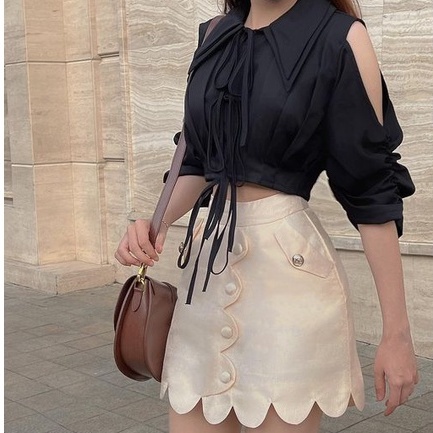 THE FANCE | Áo sơ mi croptop tay cut out vải chống nhăn DARLING CROP SHIRT