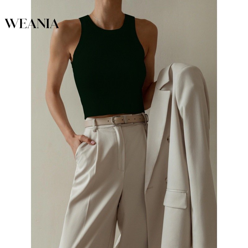 Áo Tank Top Dệt Kim Cổ Tròn Thiết Kế Đơn Giản Quyến Rũ Cho Nữ