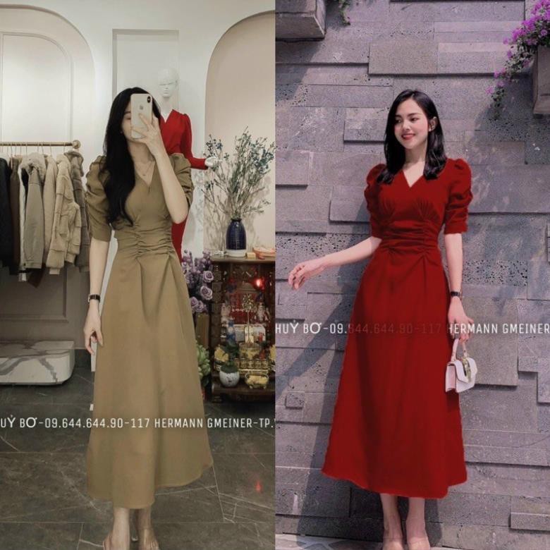 [ẢNH THẬT + VIDEO] Đầm nữ dáng dài tay phồng cổ chữ V nhún eo