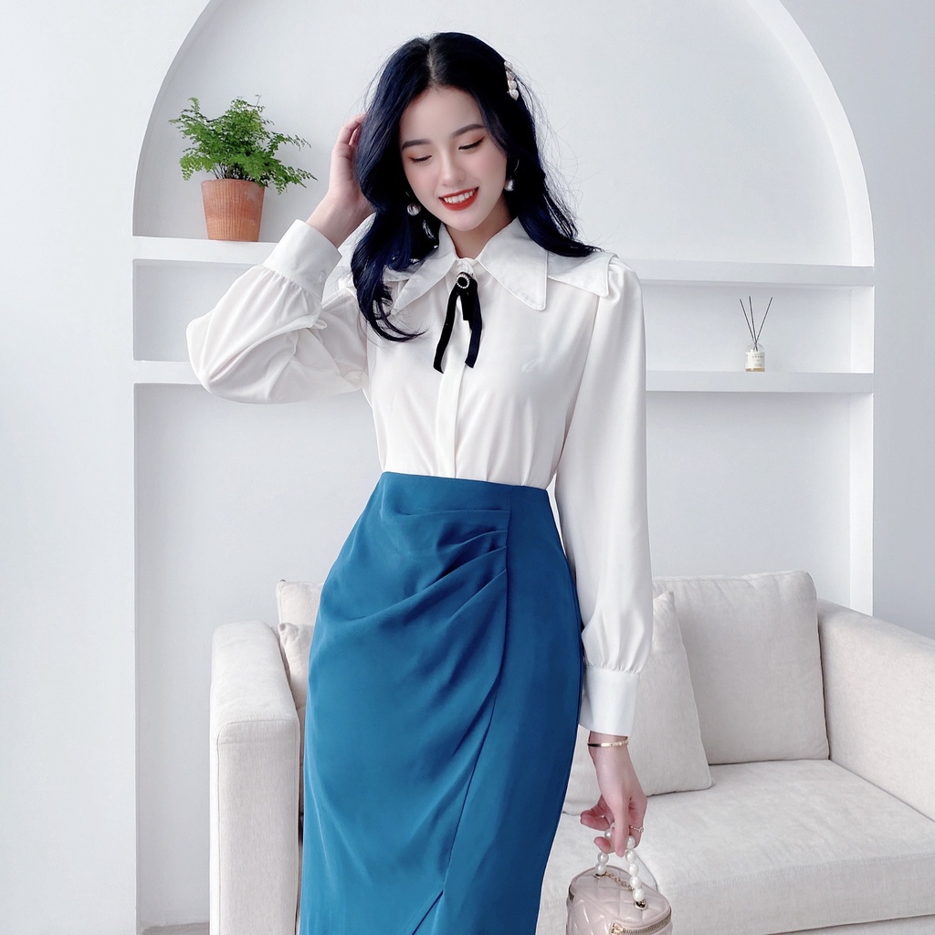 Áo sơ mi lụa mềm mát cổ đức tặng kèm tag nơ công sở HILA (Mã SP: A1094)