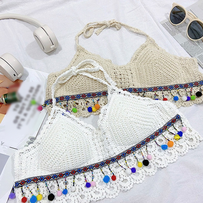 Brroa Áo Lót Bikini Mùa Hè Có Đệm Ngực Họa Tiết Hình Học Sọc Nhiều Màu Sắc Phối Tua Rua Viền Lông Xù Phong