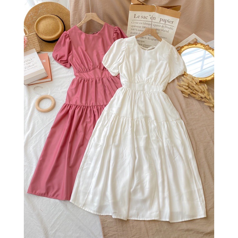 Đầm Midi Nữ Dây Đan Lưng Cộc Tay 🦋 Váy Nữ Cộc Tay Eo Thun 2 Màu 🦋 | BigBuy360 - bigbuy360.vn