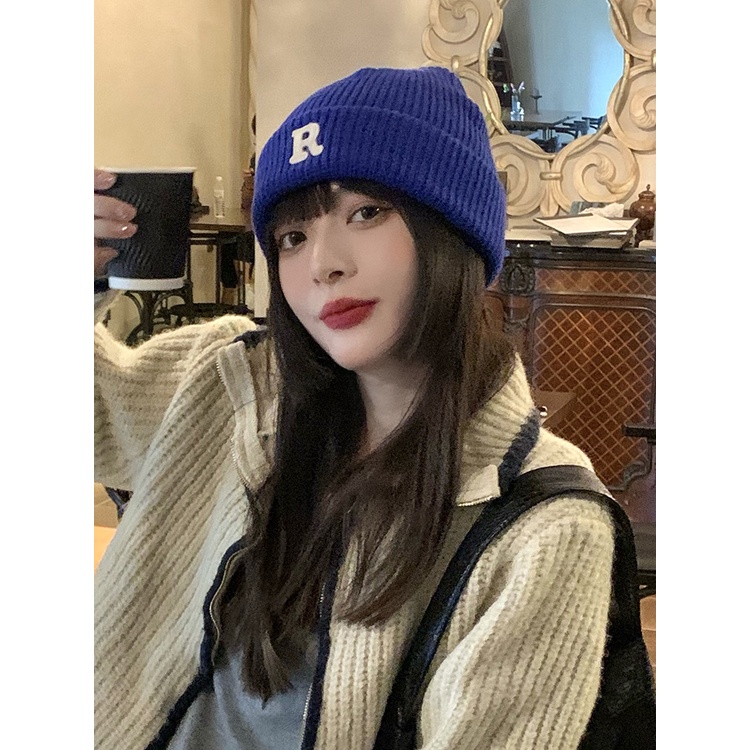 Mũ Len Đan In Chữ R Màu Xanh Dương Thời Trang Thu Đông Cho Nam Và Nữ