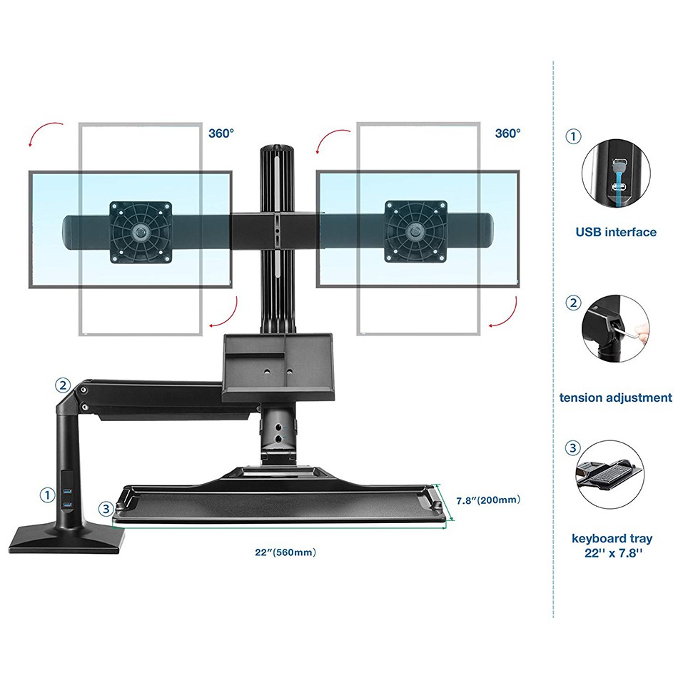 Giá đỡ 2 màn hình máy tính 19-24inch kết hợp khay để bàn phím FC24-2A có thể đứng hoặc ngồi để làm việc rất tiện lợi