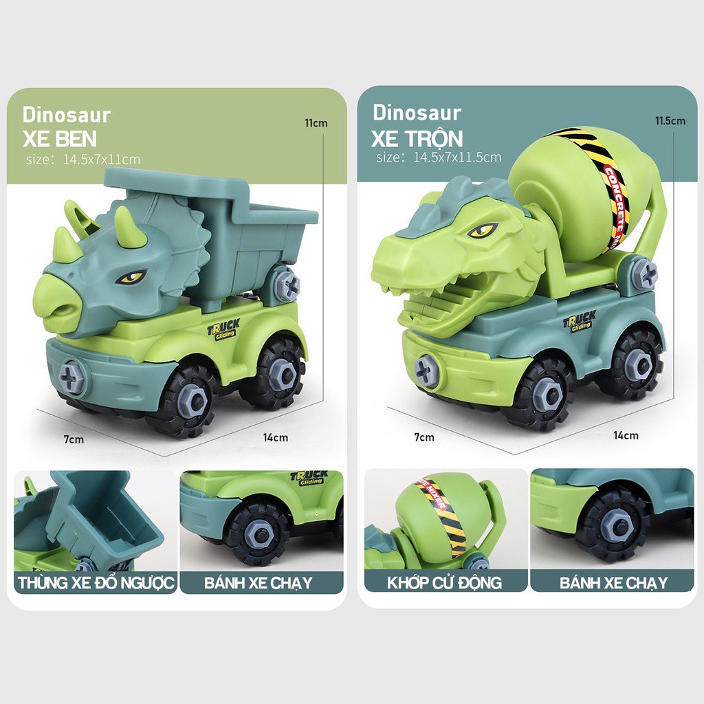 Set 4 Xe Khủng Long xây dựng - Bộ lắp ráp 4 xe khủng long kèm Phụ kiện tháo lắp