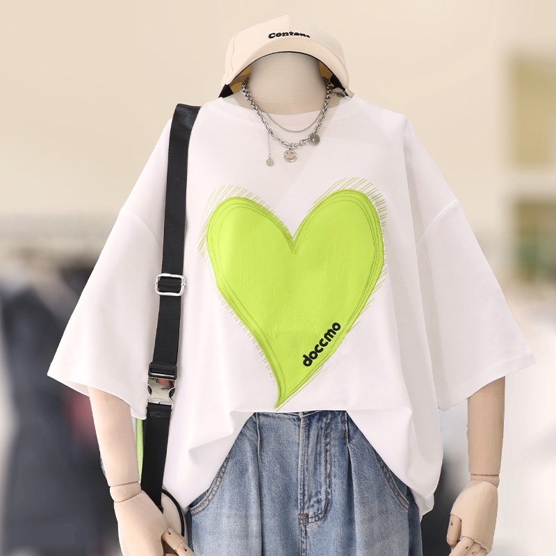 NRVP Áo thun cotton tay ngắn cổ tròn in hình trái tim thời trang mùa hè phong cách Hàn Quốc cho nữ