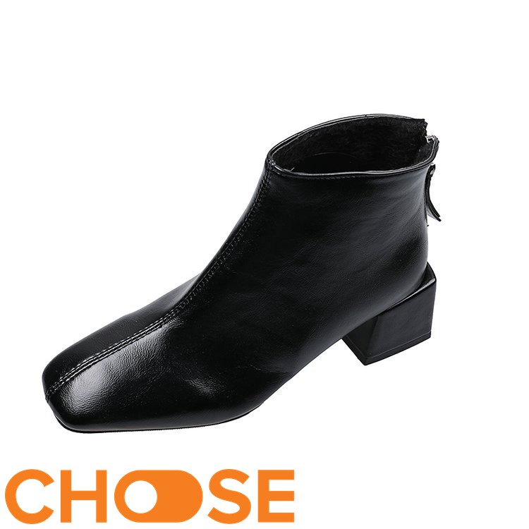 GIÀY BOOTS DA CHOOSE CAO CỔ ĐẾ VUÔNG CAO 5cm KHOÁ KÉO G42K1