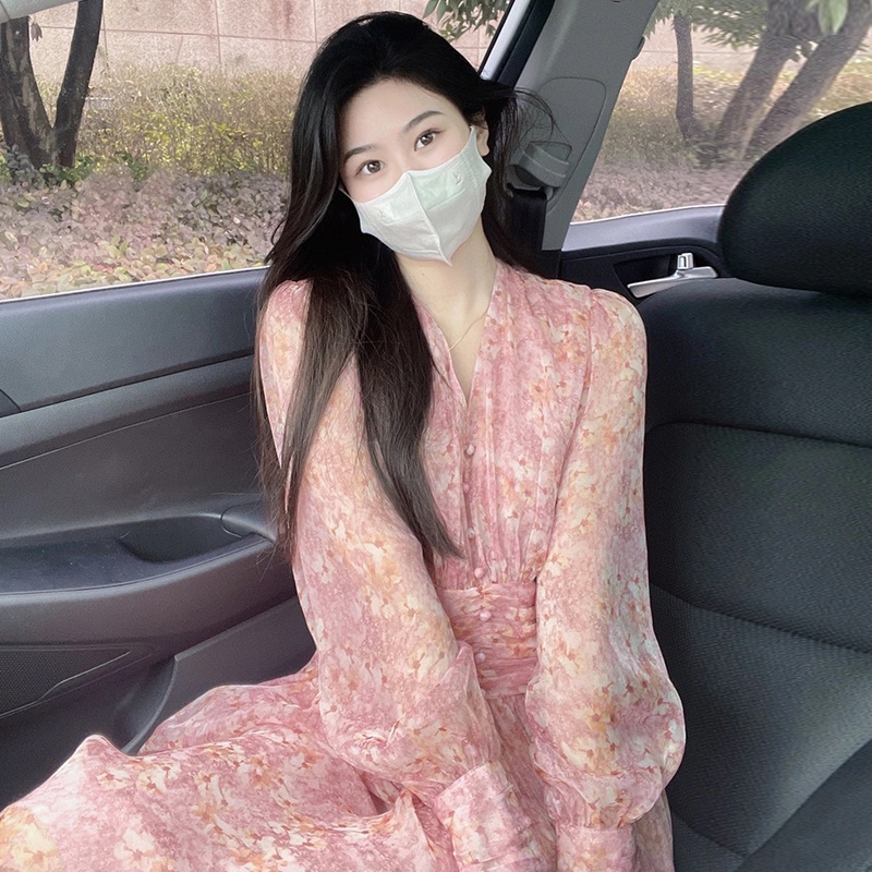 Đầm Chiffon Tay Dài Cổ Chữ V In Họa Tiết Vintage Thời Trang Mùa Hè Hàn Quốc 2022