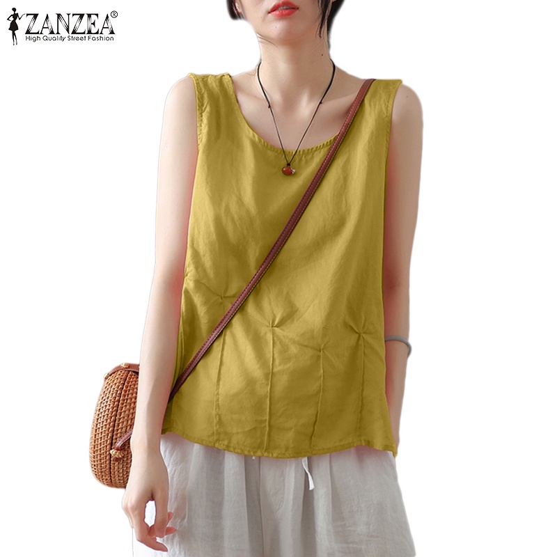 Áo sát nách ZANZEA cổ tròn xếp ly màu trơn phong cách cổ điển thời trang cho nữ