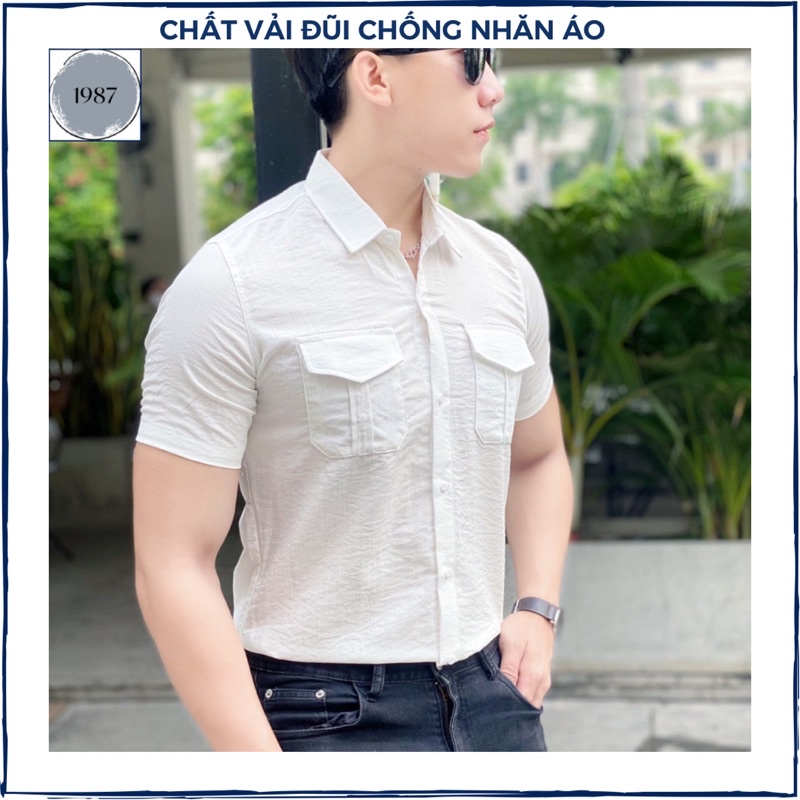 Áo sơ mi nam tay ngắn vải đũi cao cấp có túi sơmi form rộng kiểu dáng Hàn Quốc