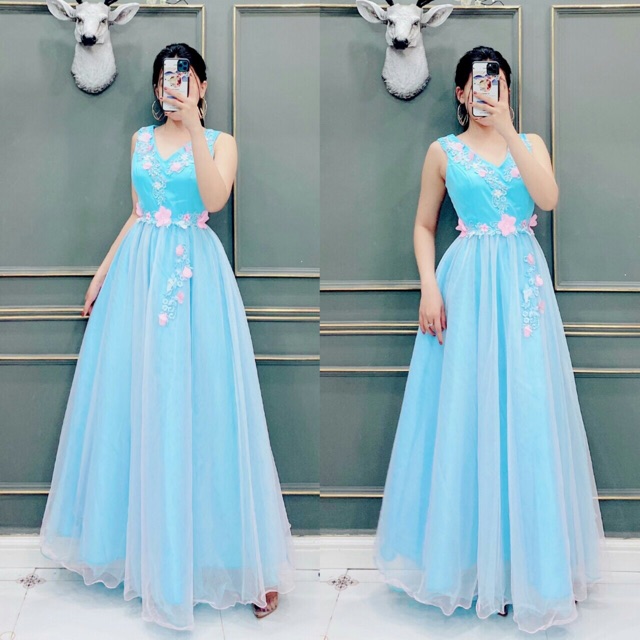 Đầm maxi dự tiệc mặc cưới kết hoa nổi phối màu lưới TRIPBLE T DRESS - size M/L kèm ảnh/video thật) MS144V