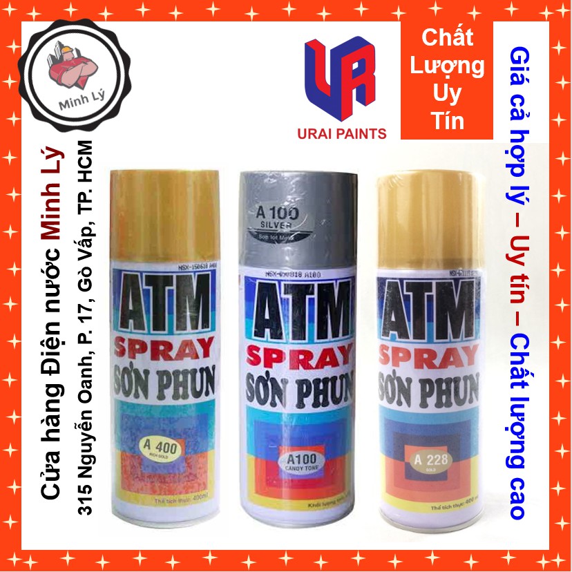 [Hỏa Tốc HCM] Sơn Phun Màu Nhũ Vàng – Bạc – Đồng – Inox ATM Spray Cao Cấp (400ml/chai)