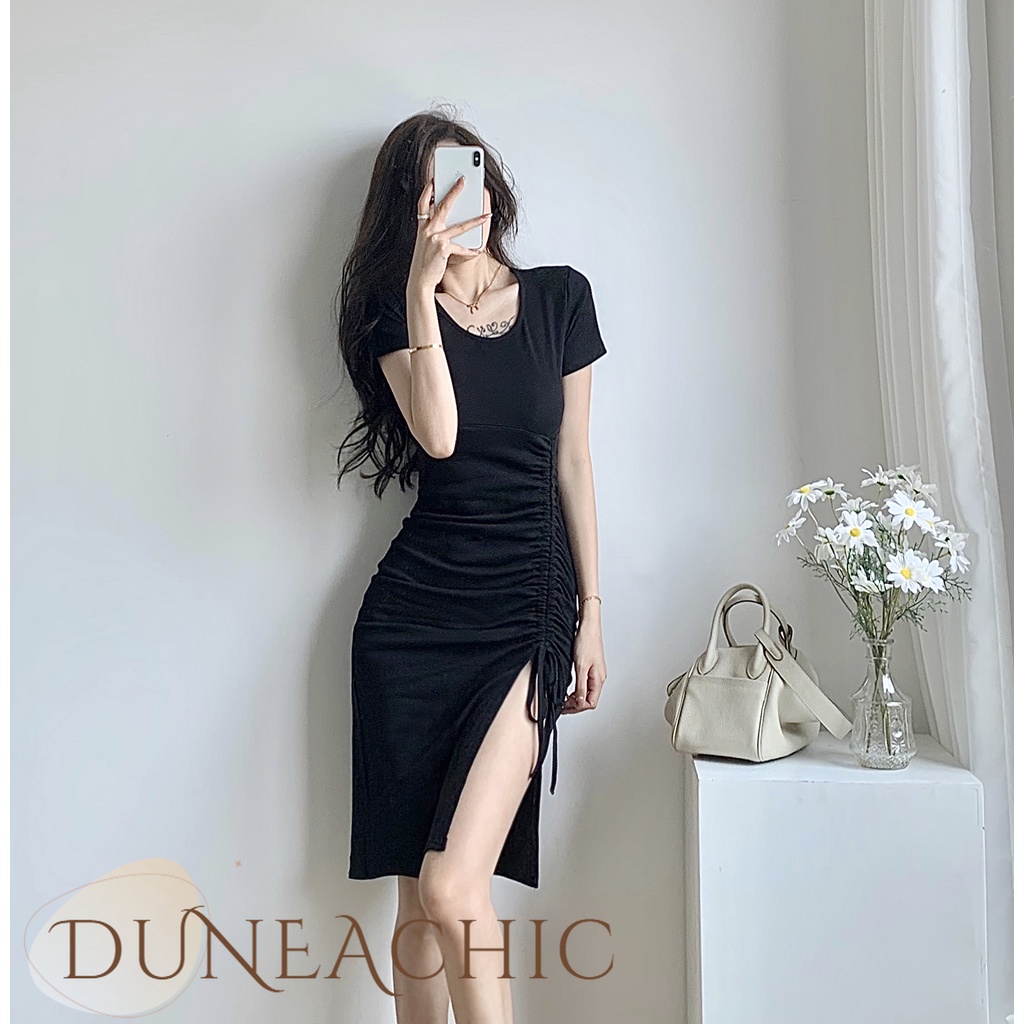 DUNEA Đầm cổ tròn tay ngắn phối dây rút gợi cảm quyến rũ cho nữ