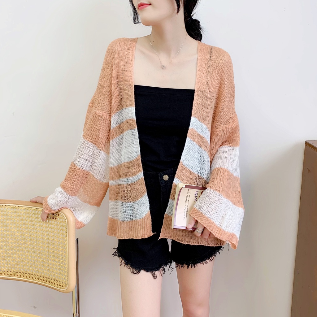 SUXI Áo Cardigan Dệt Kim Tay Dài Dáng Rộng Họa Tiết Kẻ Sọc Màu Sắc Phong Cách Hàn Quốc Thời Trang Cho Nữ