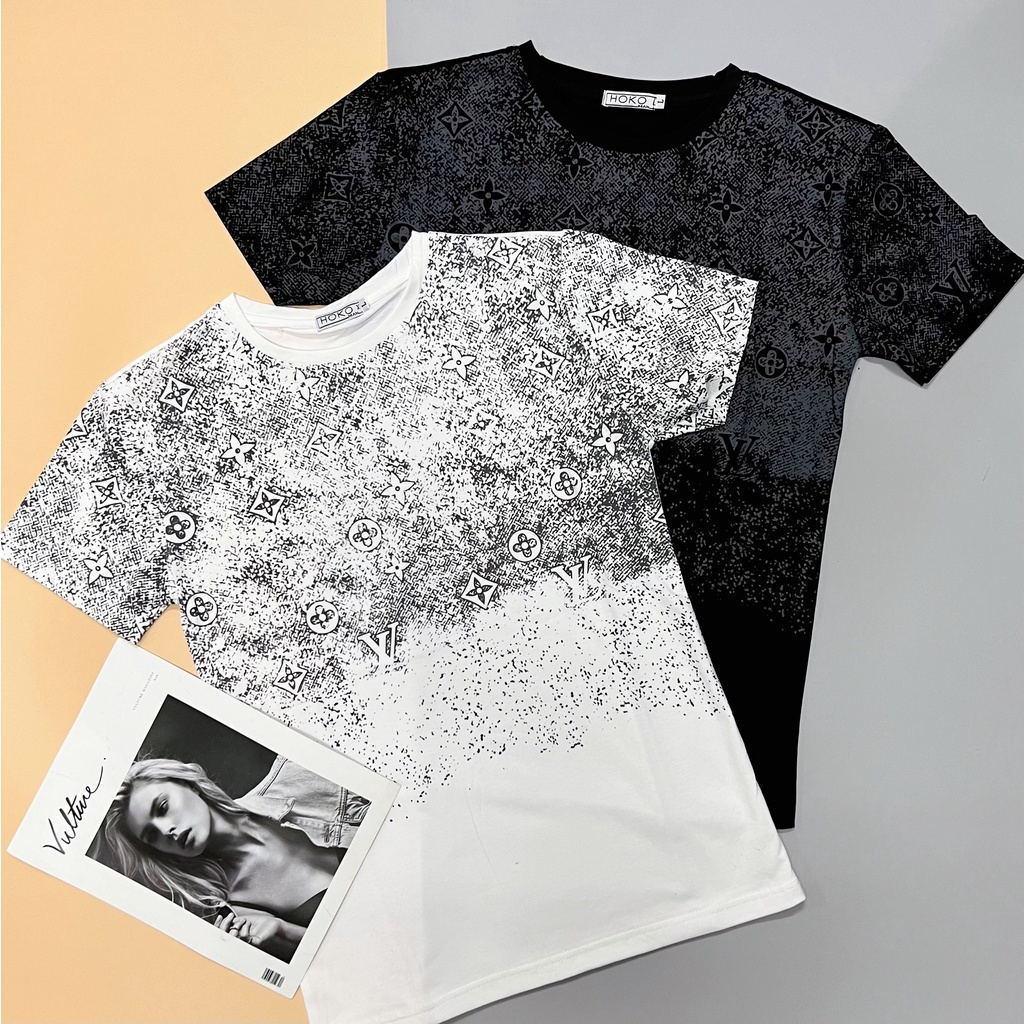 Áo Thun Phối Màu Họa Tiết LV Tay Lỡ Chất Thun Cotton Form Unisex Style Hàn Quốc, Cá Tính Năng Động